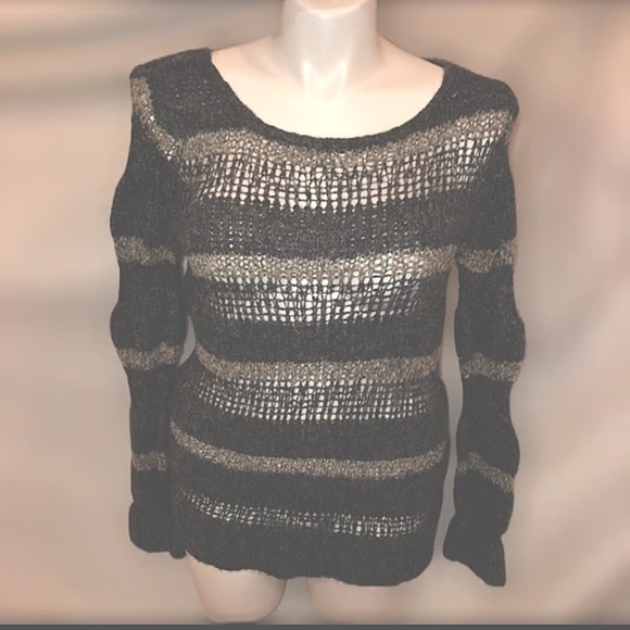Mesh Lauren Conrad sweater fall knit winter light weight striped boho grey /tan - Picture 1 of 4